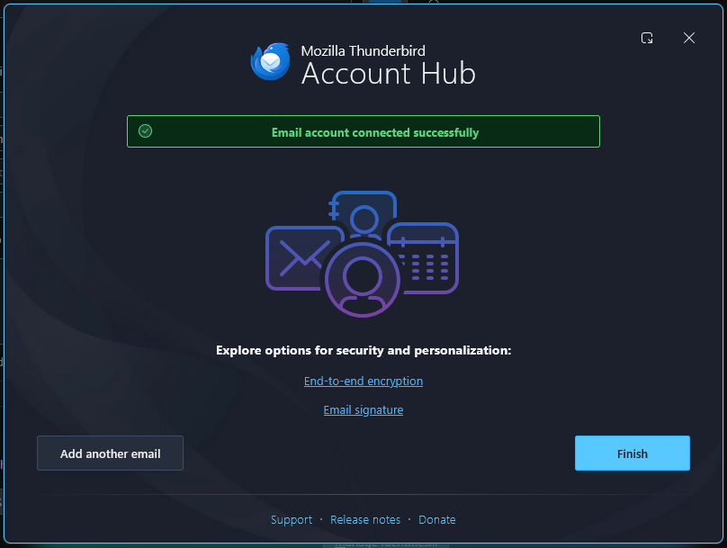 Thunderbird account hub with message stating "Email account successfully created".