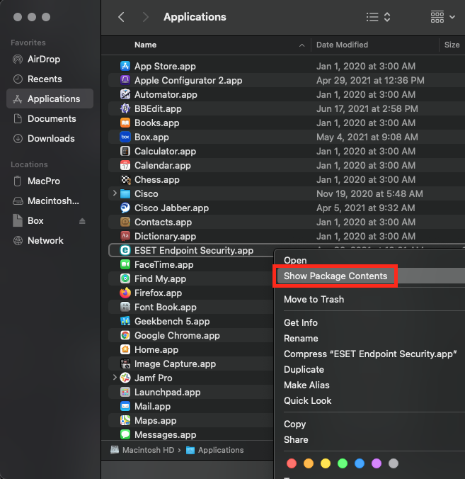screenshot of right click on ESET Endpoint  Security.app selecting Show Package Contents