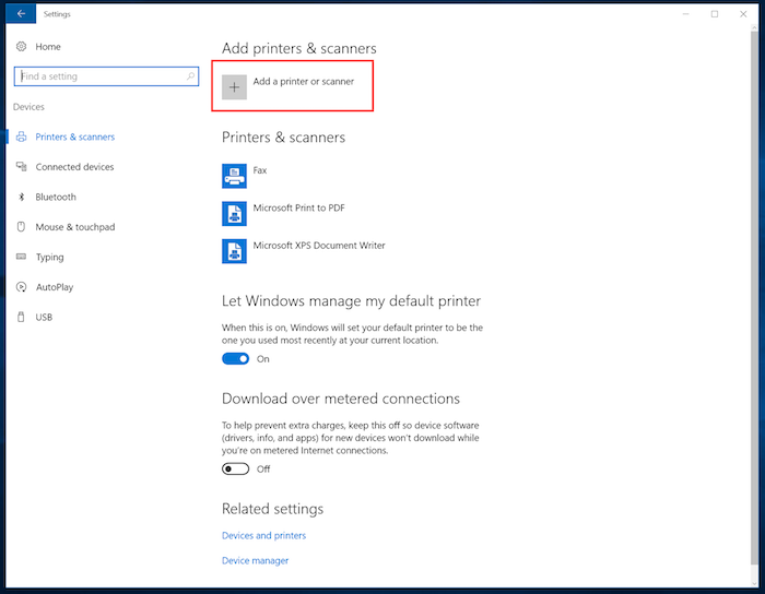 Screenshot of add printer option within Devices and Printers menu